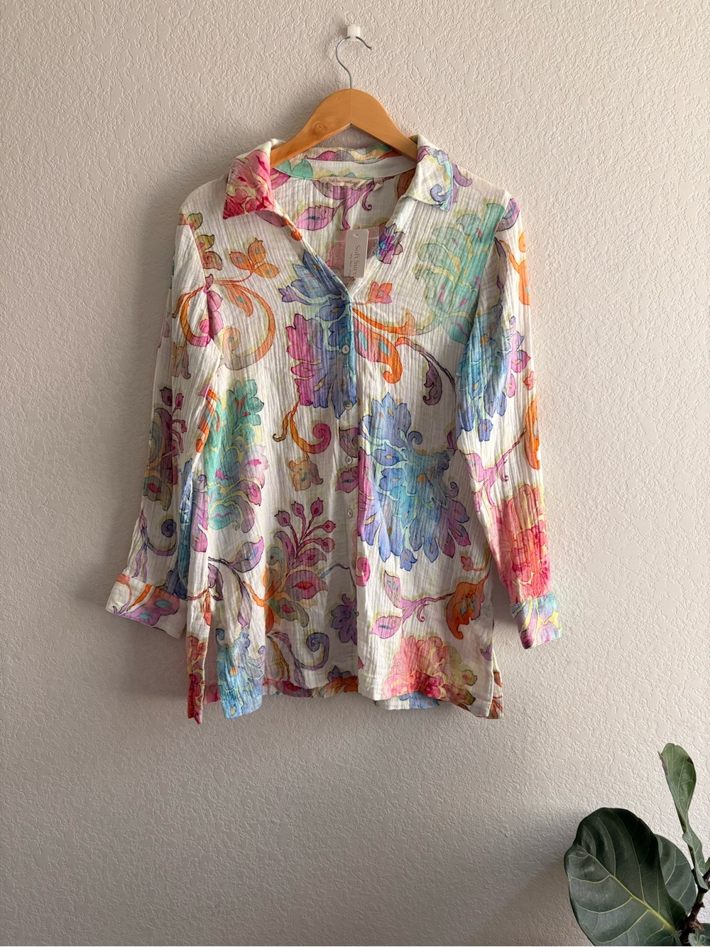 NWT Soft Surroundings Escambia Gauze Tunic Shirt Painterly Floral Button Medium - Picture 2 of 6